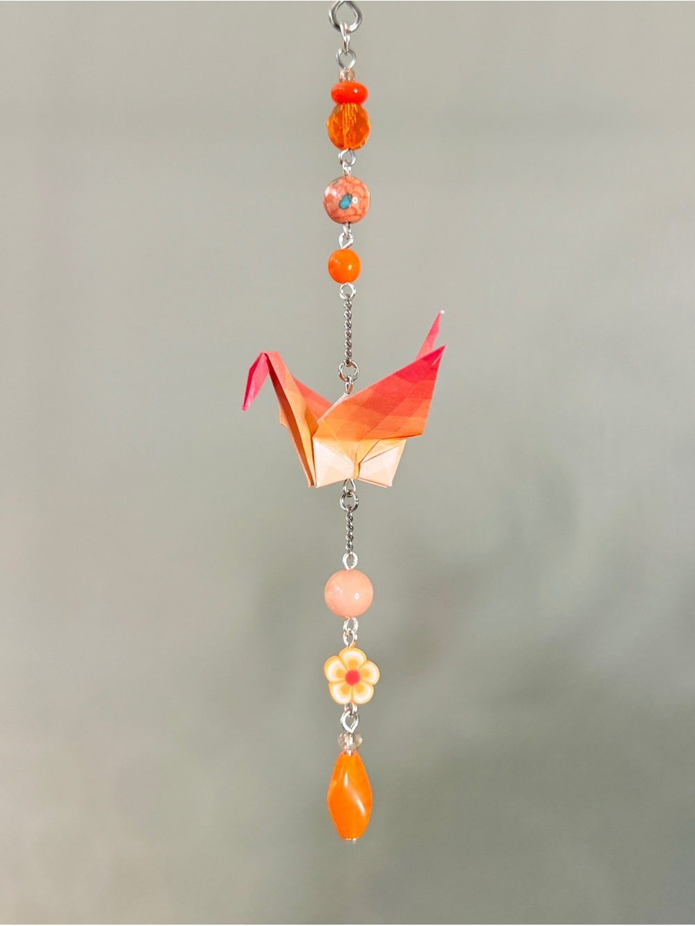 Origami Ornament #2544 - Small Crane with Repurposed Orange Beads